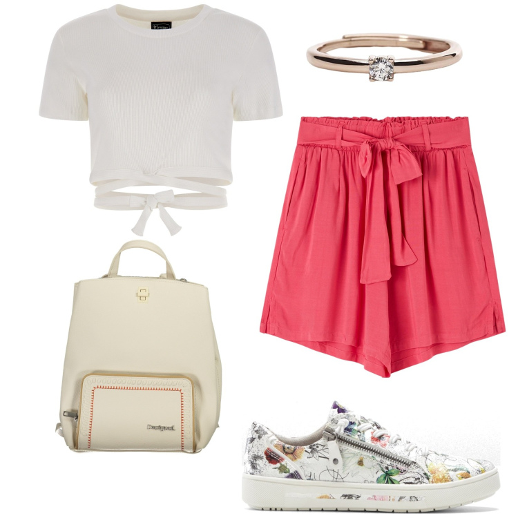 Outfit donna - Total look #1907829. Stile Casual per Tutti i giorni. Abbinamento con sneakers, shorts, anelli, top, zaini.