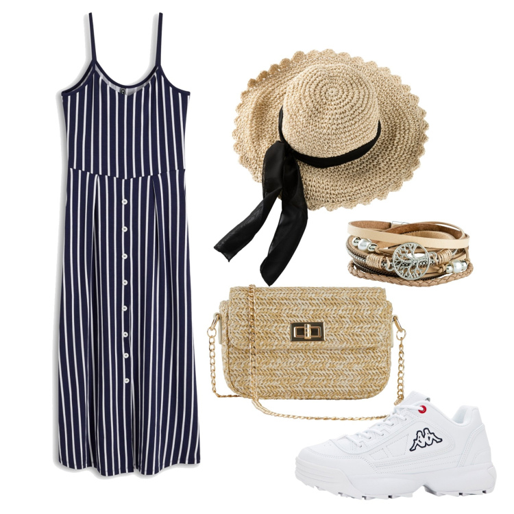 Outfit donna - Ghost outfitter - luglio. Stile Trendy per Tutti i giorni. Abbinamento con braccialetti, cappelli, vestiti midi/longuette, sneakers, borse a mano.