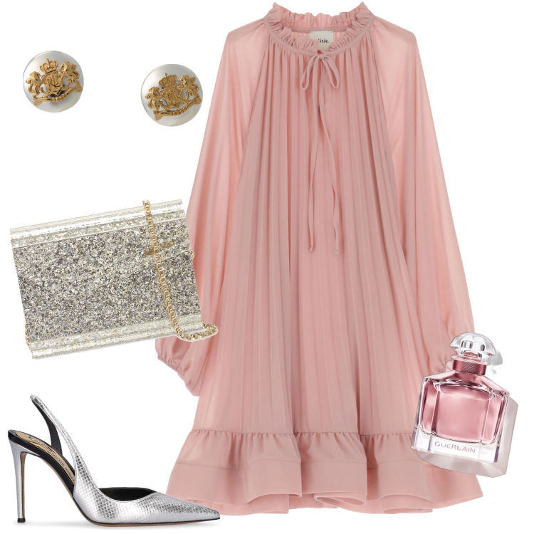 Outfit donna - Eterea cerimonia. Stile Romantica per Cerimonia. Abbinamento con profumi, vestiti corti, orecchini, pochette, décolleté.