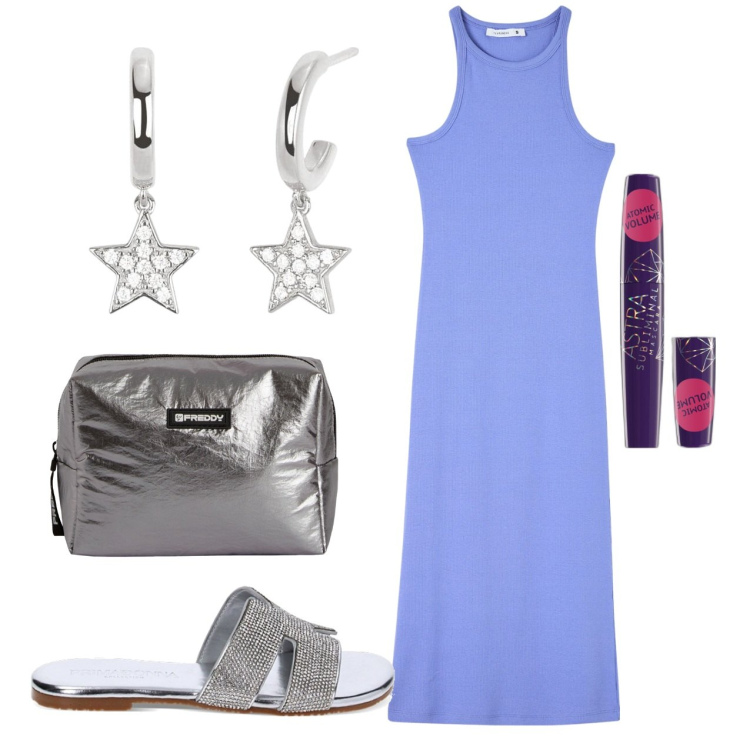 Outfit donna - Lineare. Stile Chic per Tutti i giorni. Abbinamento con mascara, vestiti lunghi, orecchini, valigie, sandali gioiello.