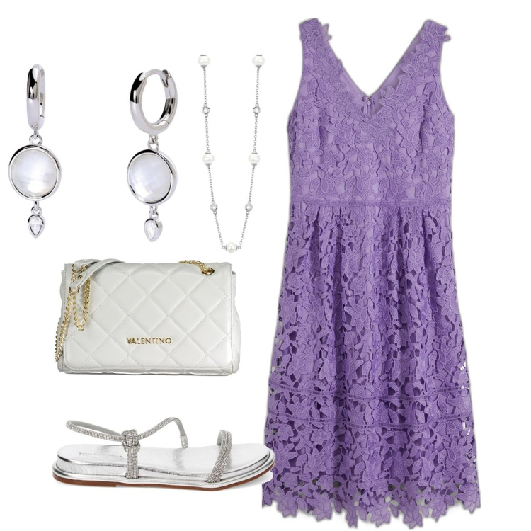 Outfit donna - Chic. Stile Romantica per Tutti i giorni. Abbinamento con vestiti, orecchini, collane, sandali gioiello, borse a spalla.