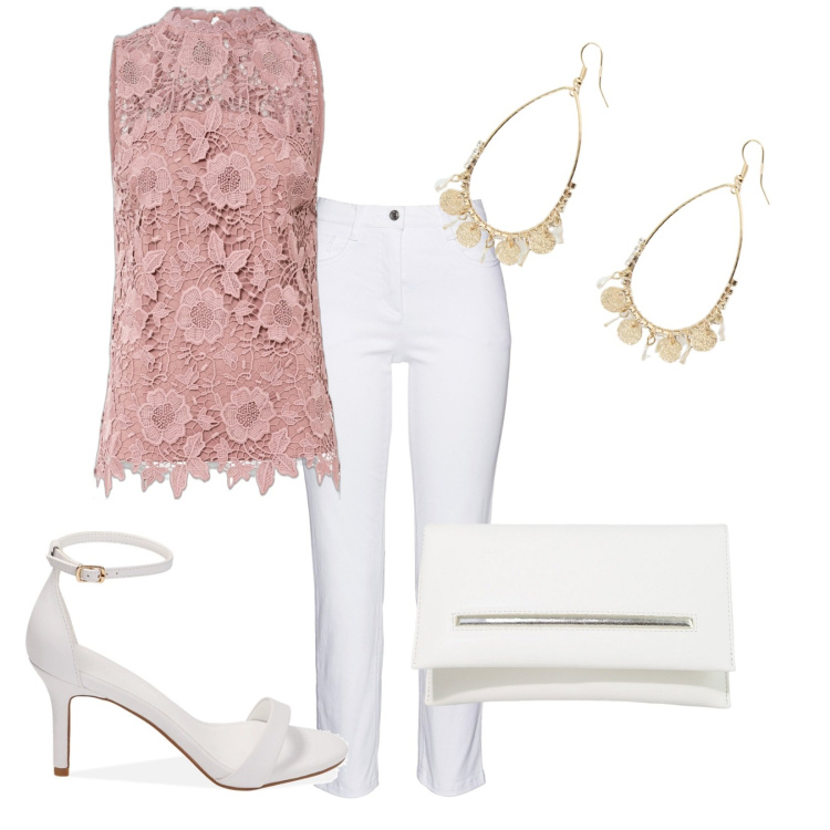 Outfit donna - Cerimonia estiva. Stile Bon Ton per Cerimonia. Abbinamento con pantaloni, top, pochette, sandali col tacco, orecchini.