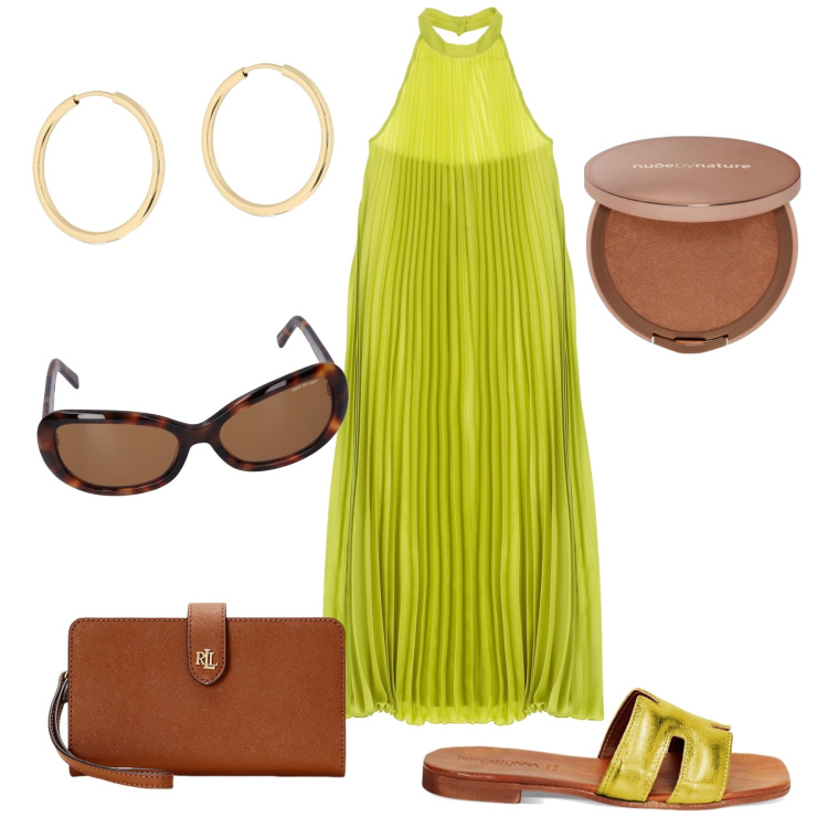 Outfit donna - Verde lime. Stile Chic per Tutti i giorni. Abbinamento con ciprie, vestiti lunghi, sandali in pelle, pochette, orecchini, occhiali da sole.