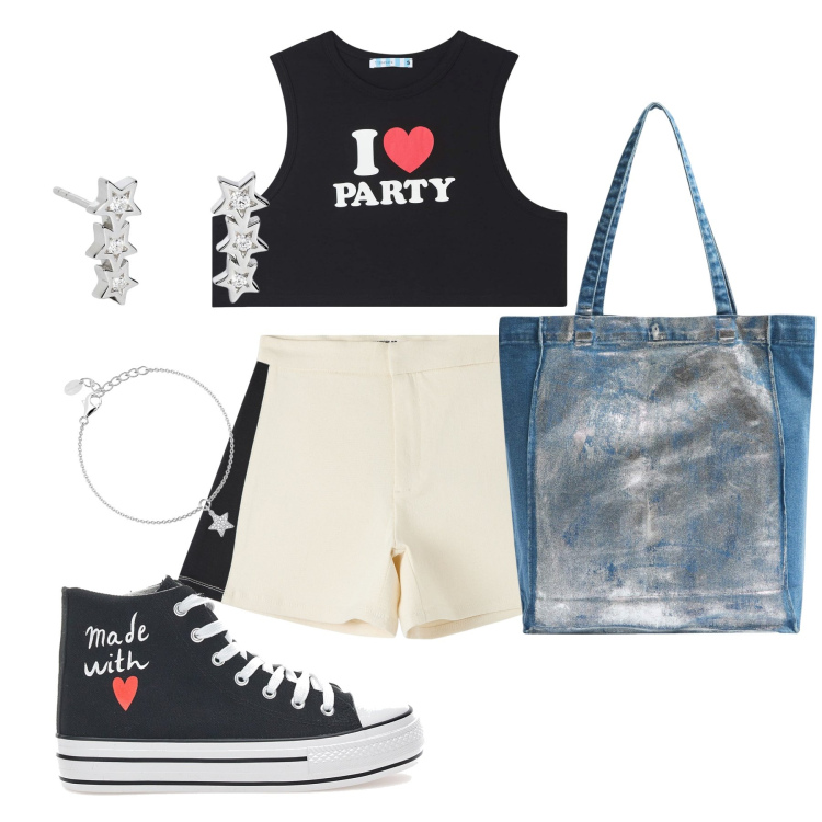 Outfit donna - Estate a più non posso. Stile Casual per Tutti i giorni. Abbinamento con canottiere, shorts, shopping bag, braccialetti con ciondoli, orecchini, sneakers.