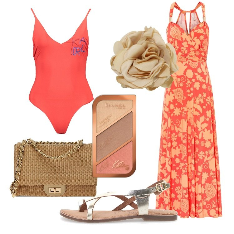 Outfit donna - Festa in spiaggia. Stile Etnico per Mare. Abbinamento con vestiti lunghi, blush, borse a tracolla, braccialetti, sandali in pelle, costumi interi.