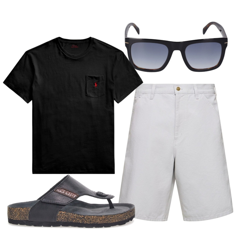 Outfit uomo - Tshirt dark. Stile Urban per Tutti i giorni. Abbinamento con t-shirt, sandali, occhiali da sole, shorts.
