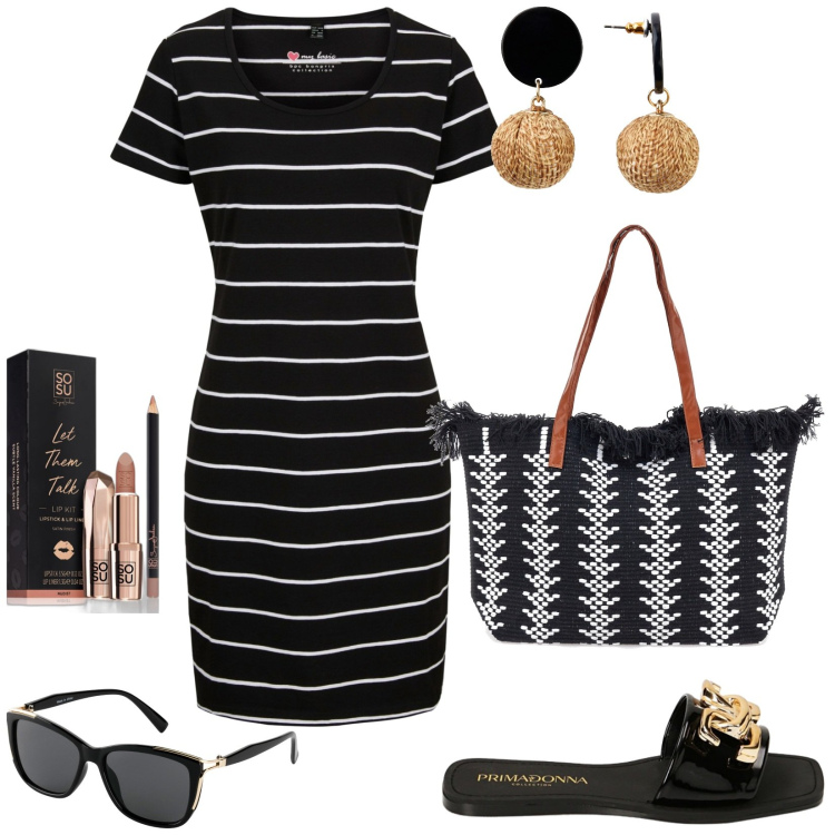 Outfit donna - Total look #1907934. Stile Casual per Tutti i giorni. Abbinamento con vestiti, orecchini, occhiali da sole, rossetti, ciabatte, borse a spalla.