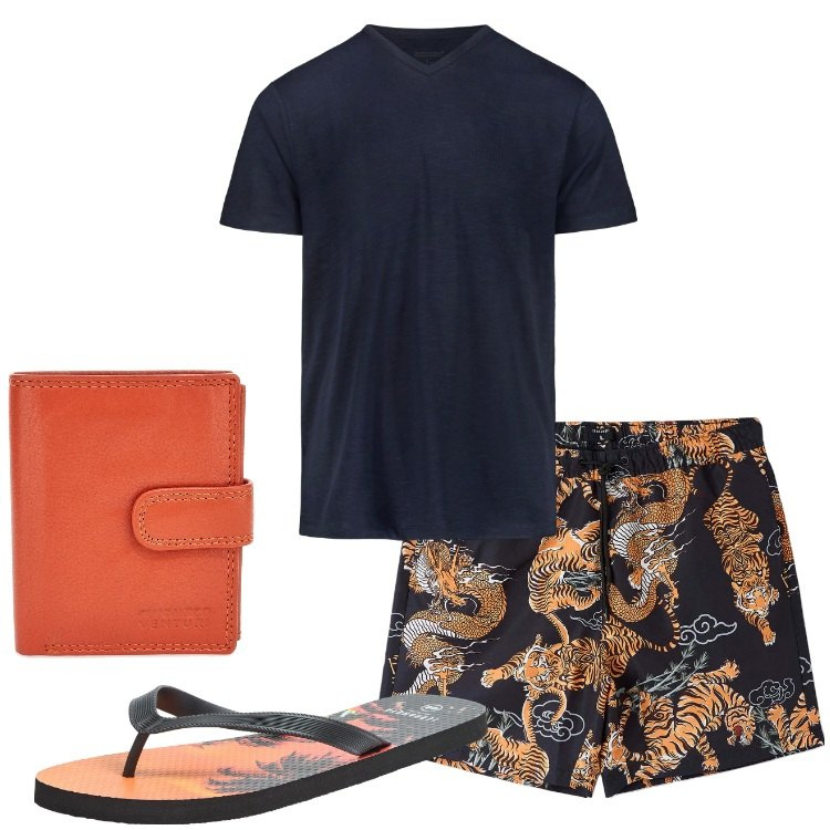 Outfit uomo - Al mare con stile. Stile Trendy per Mare. Abbinamento con sandali, bermuda, portafogli, t-shirt.