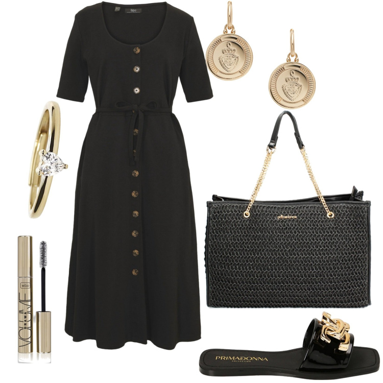 Outfit donna - Total look #1907938. Stile Casual per Tutti i giorni. Abbinamento con vestiti, mascara, anelli, borse a spalla, ciabatte, orecchini.