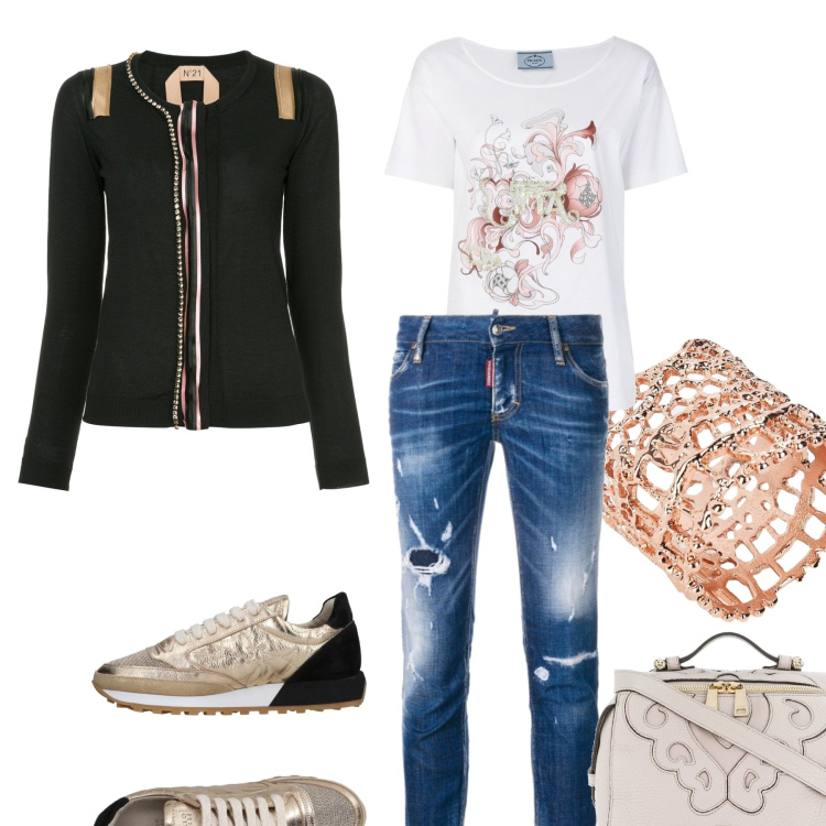 Outfit donna - Urban #8434. Stile Urban per Tutti i giorni. Abbinamento con sneakers tennis, anello in oro rosa, cardigan con strass in raso nero, jeans skinny cropped in denim blu, camicia con stampa bianco, borsa a tracolla taglia unica carne.