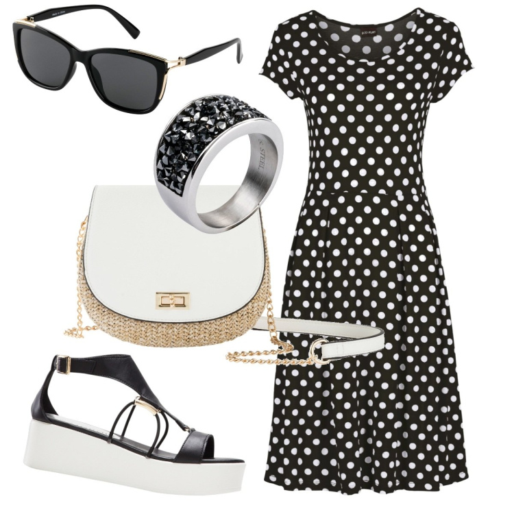 Outfit donna - Bon ton senza spendere troppo. Stile Bon Ton per Tutti i giorni. Abbinamento con anelli, borse a tracolla, vestiti, sandali col tacco, occhiali da sole.