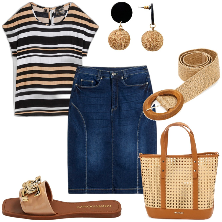 Outfit donna - Shopping in centro. Stile Casual per Tutti i giorni. Abbinamento con gonne, orecchini, tuniche, ciabatte, borse a spalla, cinture.