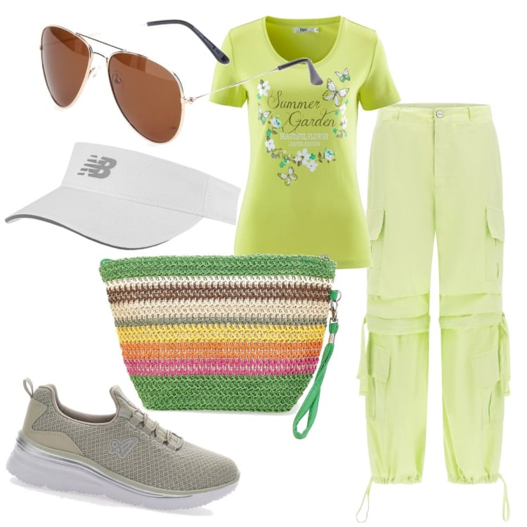 Outfit donna - In gita. Stile Casual per Tutti i giorni. Abbinamento con t-shirt, cappelli con visiera, pantaloni cargo, borse a mano, occhiali da sole, sneakers.