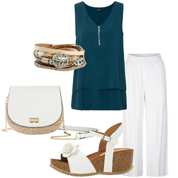 Outfit donna - BonPrix con stile. Stile Basic per Tutti i giorni. Abbinamento con pantaloni, top, sandali, braccialetti, borse a tracolla.