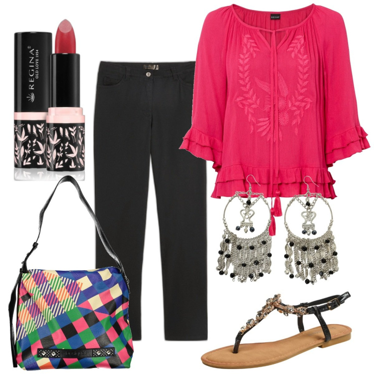 Outfit donna - Gitana. Stile Boho per Ufficio. Abbinamento con tuniche, pantaloni, sandali gioiello, rossetti, orecchini, borse a spalla.