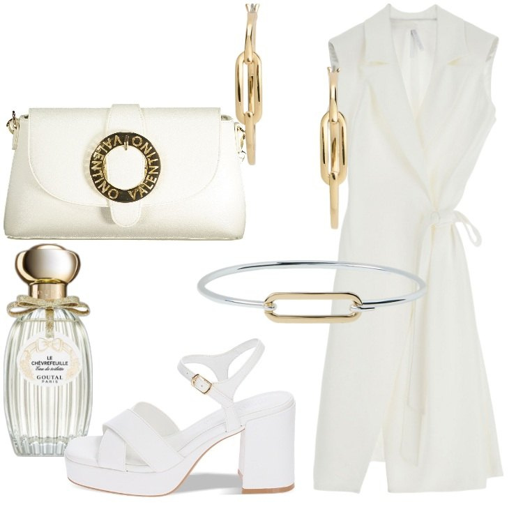 Outfit donna - Total white a luglio. Stile Chic per Serata fuori. Abbinamento con profumi, vestiti midi/longuette, sandali col tacco, orecchini, braccialetti, borse a spalla.