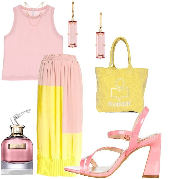 Outfit donna - un estate in rosa e giallo. Stile Glamour per Tutti i giorni. Abbinamento con profumi, sandali in pelle, top, gonne longuette, orecchini, shopping bag.