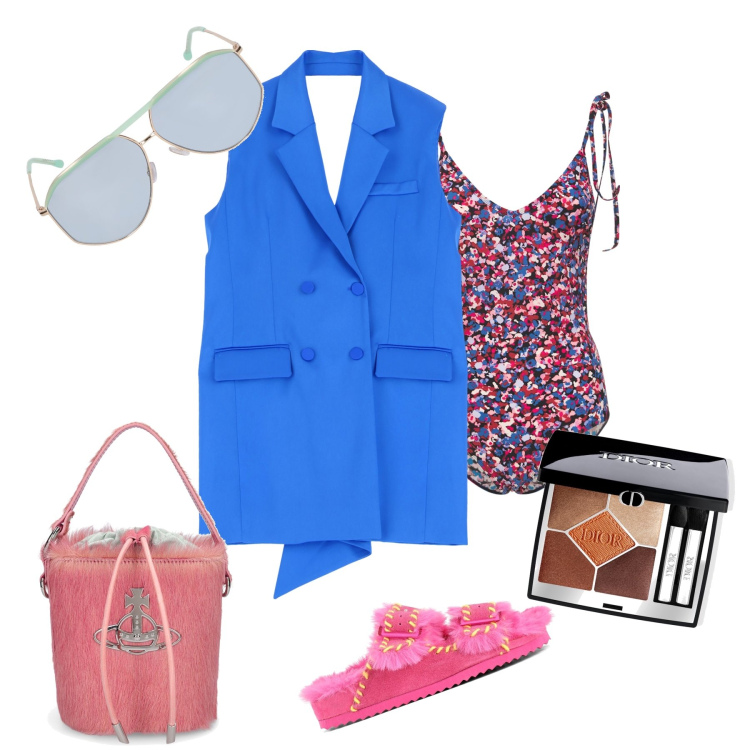 Outfit donna - The essence of summer. Stile Glamour per Mare. Abbinamento con ombretti, vestiti corti, ciabatte, costumi interi, borse a mano, occhiali da sole.