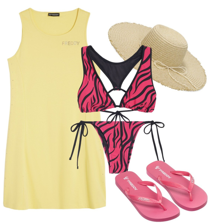 Outfit donna - Gavettoni in spiaggia. Stile Sporty chic per Mare. Abbinamento con bikini, infradito, bikini, vestiti senza maniche, cappelli.