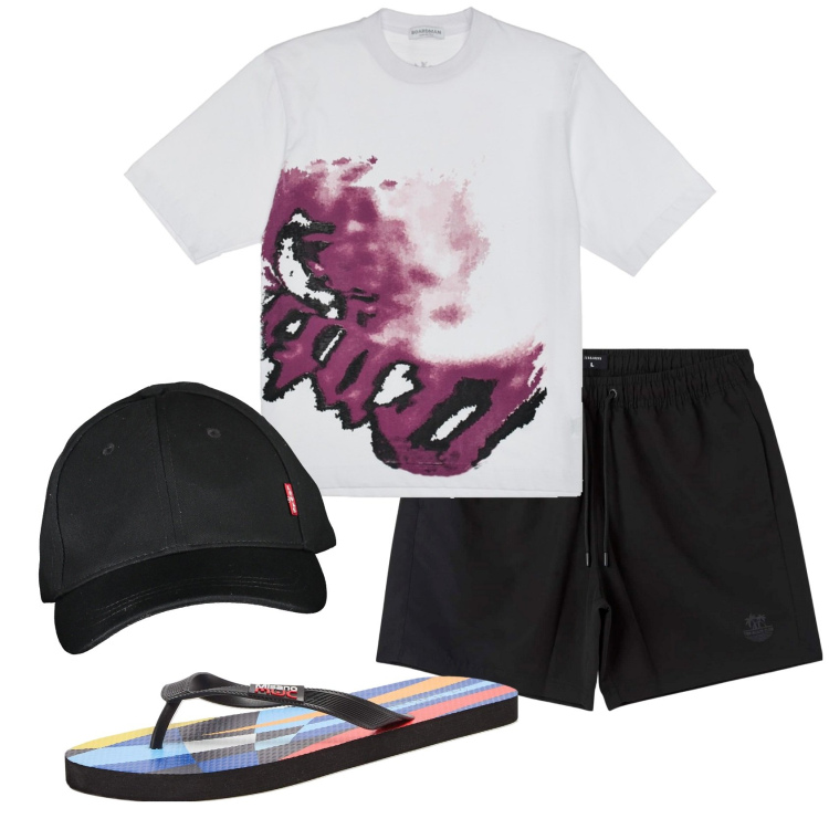 Outfit uomo - Total look #1907990. Stile Casual per Mare. Abbinamento con sandali, bermuda, t-shirt, cappelli con visiera.