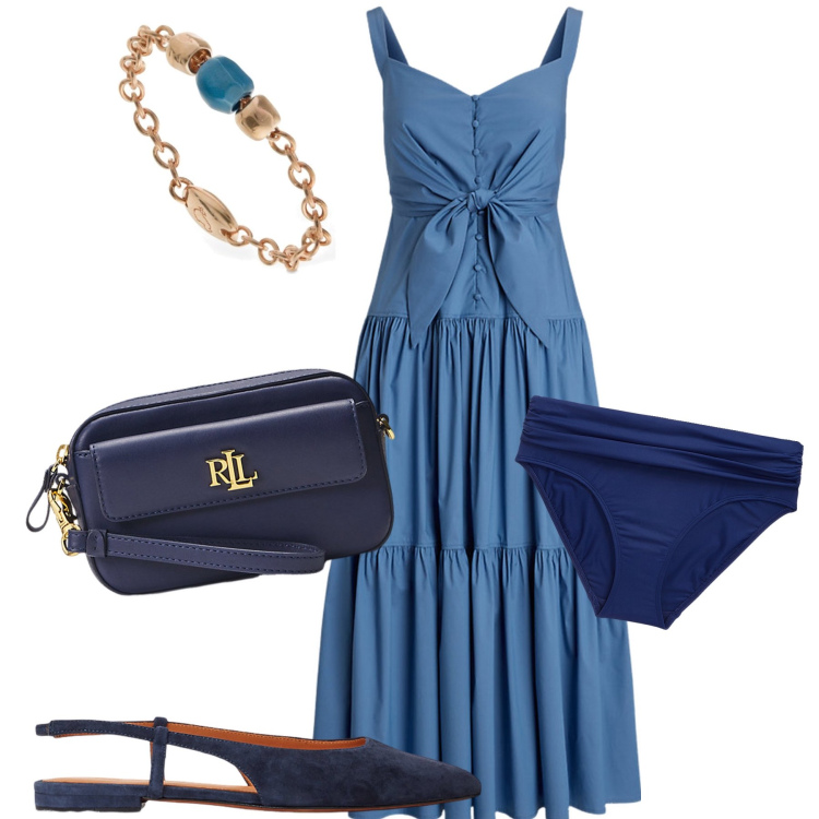 Outfit donna - Un bel vestito. Stile Chic per Serata fuori. Abbinamento con pochette, vestiti, ballerine, culotte, anelli.