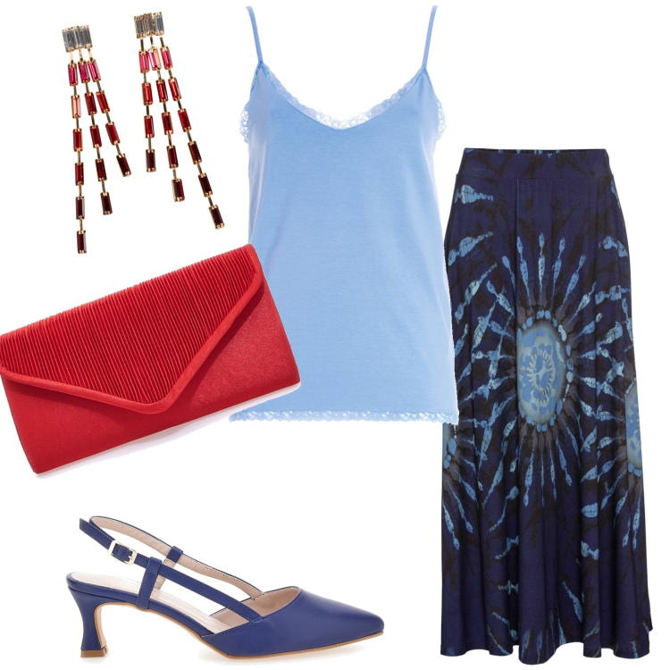 Outfit donna - Rosso e blu. Stile Trendy per Serata fuori. Abbinamento con gonne, orecchini, canottiere, décolleté, pochette.