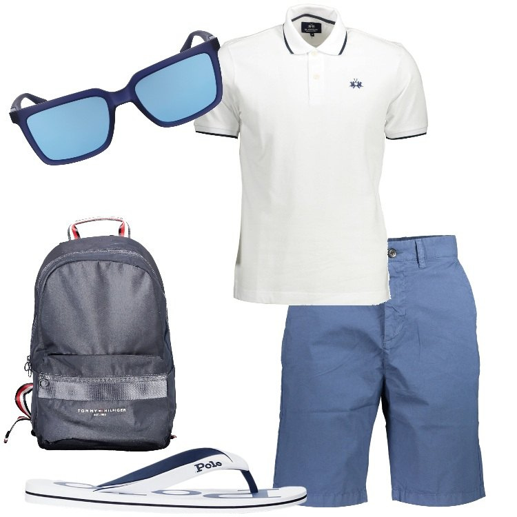 Outfit uomo - Gita in barca con gli amici. Stile Casual per Mare. Abbinamento con sandali, bermuda, occhiali da sole, polo, borse sportive.
