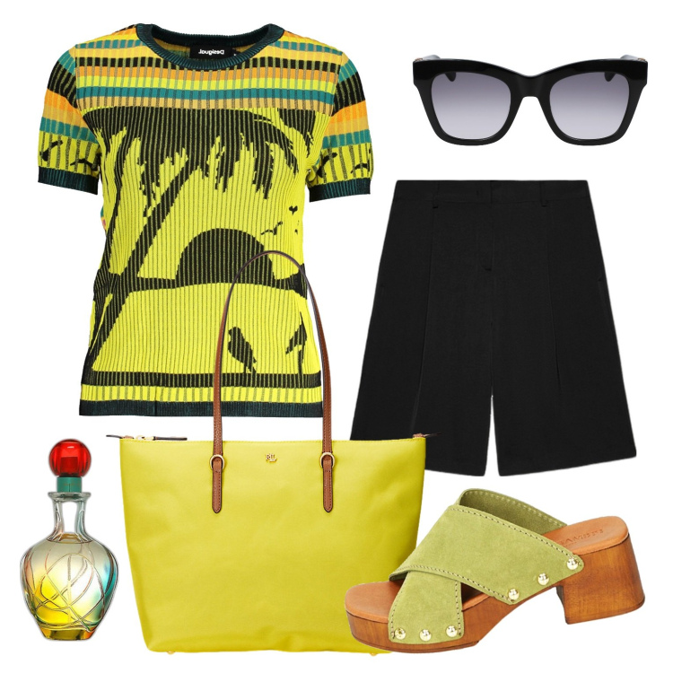 Outfit donna - Profumo vivace. Stile Casual per Tutti i giorni. Abbinamento con profumi, sandali col tacco, borse tote, bermuda, maglieria, occhiali da sole.