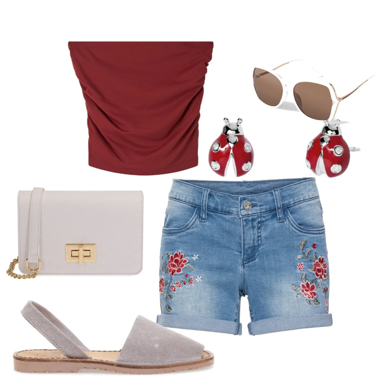 Outfit donna - Il mio outfit per l\'estate. Stile Casual chic per Tutti i giorni. Abbinamento con shorts, occhiali da sole, top, orecchini, borse a tracolla, sandali in pelle.