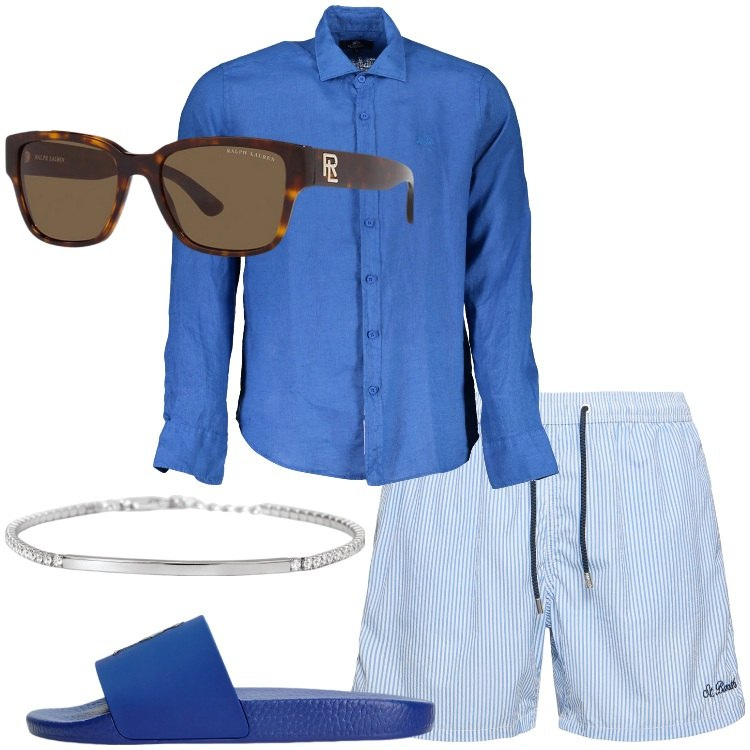 Outfit uomo - Costume a righe e camicia al mare. Stile Trendy per Mare. Abbinamento con braccialetti, occhiali da sole, sandali, camicie, shorts.