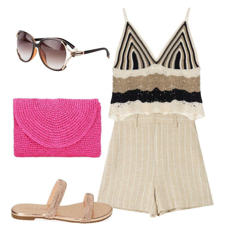 Outfit donna - La pochette in paglia fucsia. Stile Boho per Tutti i giorni. Abbinamento con occhiali da sole, bermuda, top, sandali gioiello, pochette.