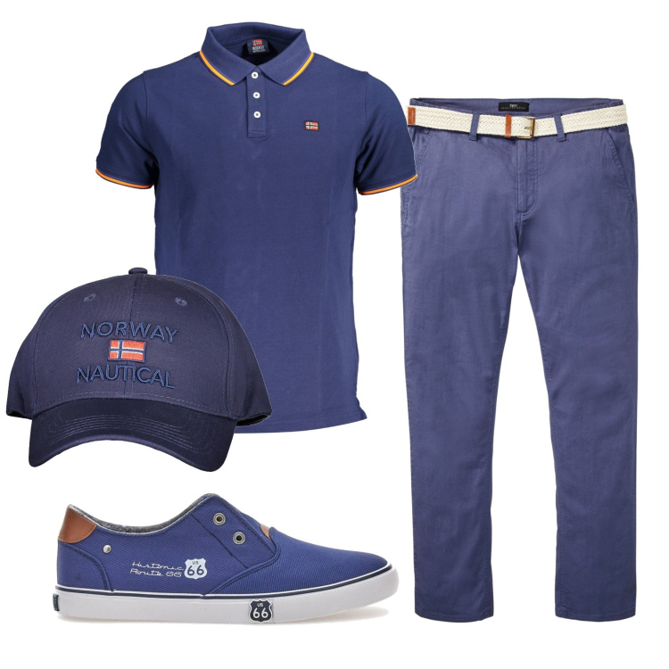 Outfit uomo - Total look #1908060. Stile Casual per Ufficio. Abbinamento con pantaloni chino, sneakers, cappelli con visiera, polo.