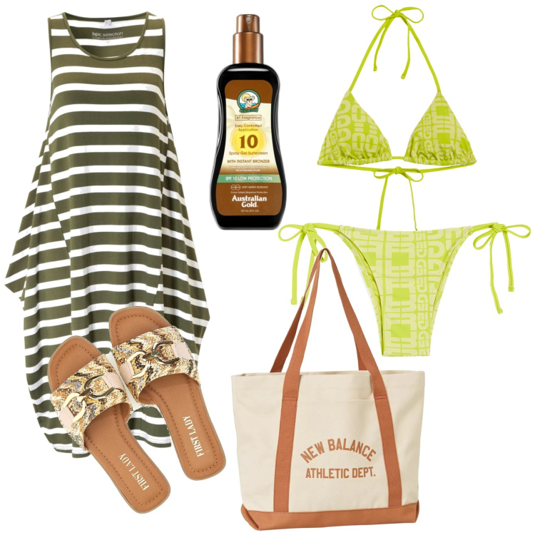 Outfit donna - Il bikini verde lime. Stile Casual chic per Mare. Abbinamento con vestiti midi/longuette, terre, borse tote, bikini, bikini, ciabatte.