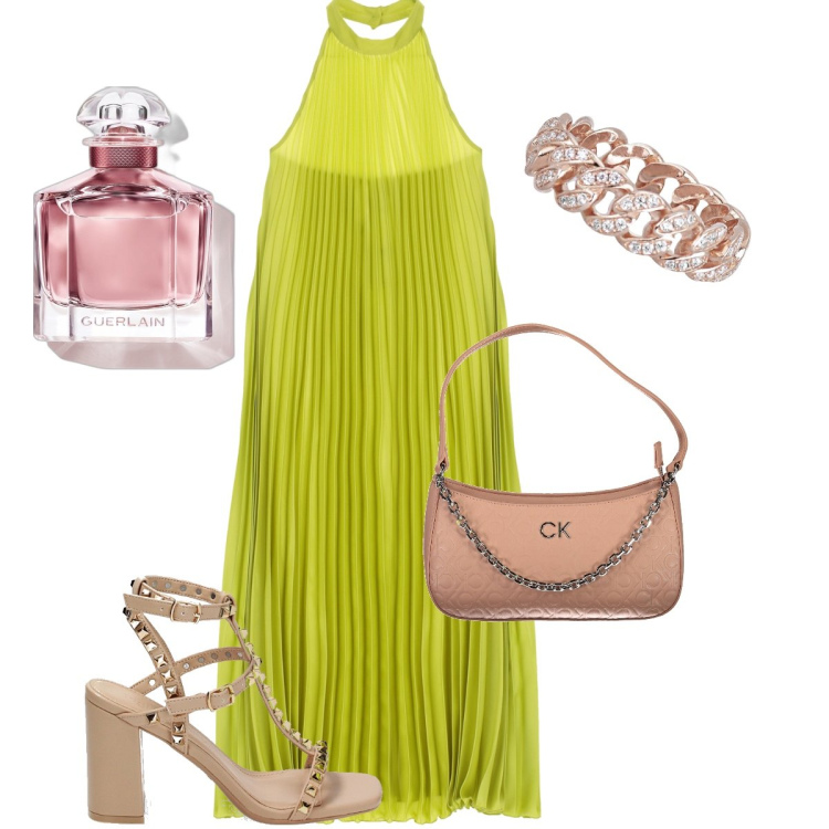 Outfit donna - Plissè verde lime. Stile Chic per Serata fuori. Abbinamento con profumi, anelli, vestiti lunghi, sandali col tacco, borse a spalla.