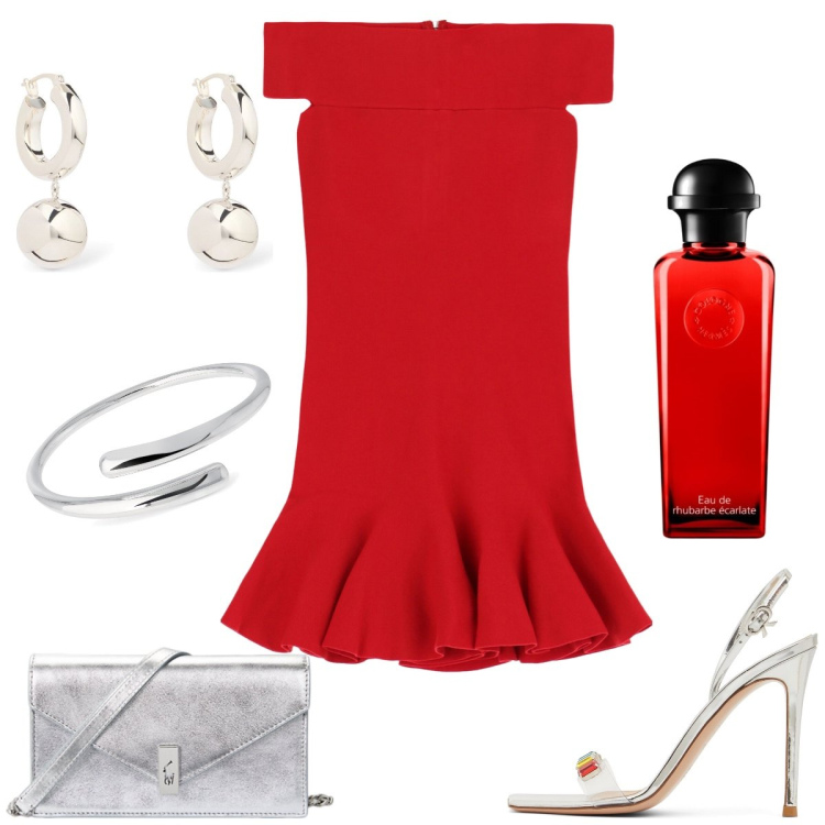 Outfit donna - Total look #1908079. Stile Chic per Serata fuori. Abbinamento con profumi, vestiti corti, clutch, braccialetti, sandali in pelle, orecchini.