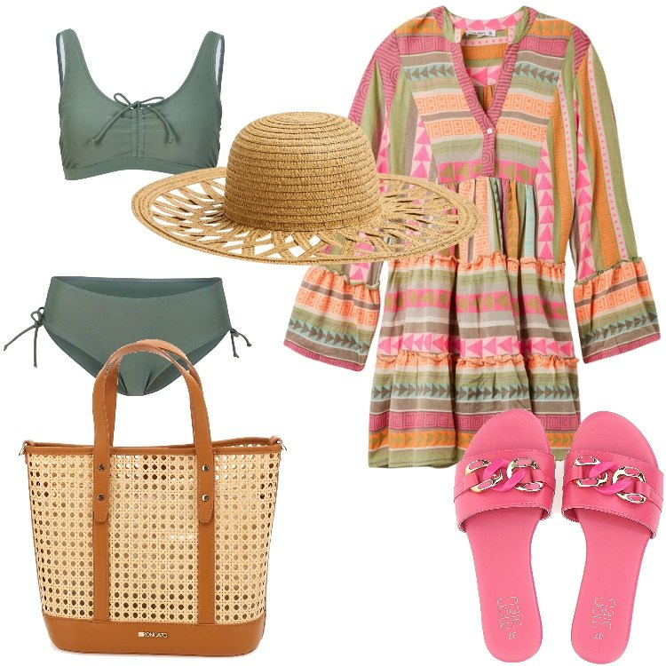 Outfit donna - La borsa in paglia per l\'estate. Stile Etnico per Mare. Abbinamento con bikini, vestiti, cappelli, borse a spalla, ciabatte.