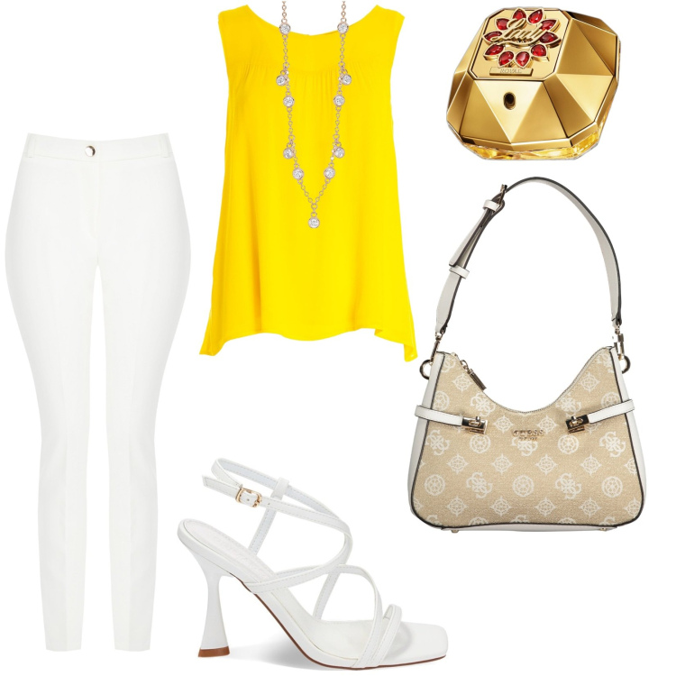 Outfit donna - Total look #1908083. Stile Casual per Tutti i giorni. Abbinamento con profumi, collane, pantaloni skinny, bluse, sandali col tacco, borse a spalla.