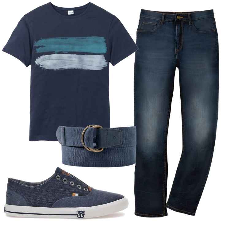 Outfit uomo - Total look #1908086. Stile Casual per Tutti i giorni. Abbinamento con t-shirt, jeans dritti, sneakers, cinture.