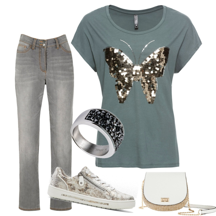 Outfit donna - Total look #1908107. Stile Casual per Scuola/Università. Abbinamento con anelli, borse a tracolla, jeans dritti, sneakers, bluse.
