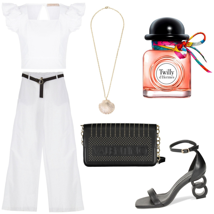 Outfit donna - Zenzero tuberosa e sandalo. Stile Trendy per Tutti i giorni. Abbinamento con profumi, top, sandali col tacco, pantaloni a palazzo, collane, borse a tracolla.