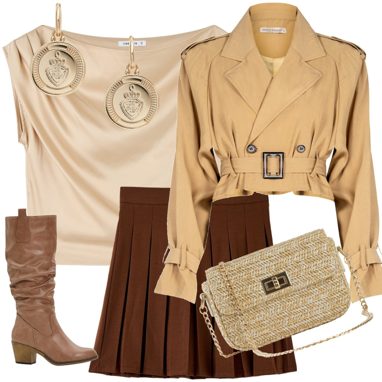 Outfit donna - Total look #1908113. Stile Glamour per Serata fuori. Abbinamento con stivali, borse a mano, bluse, minigonne, trench, orecchini.