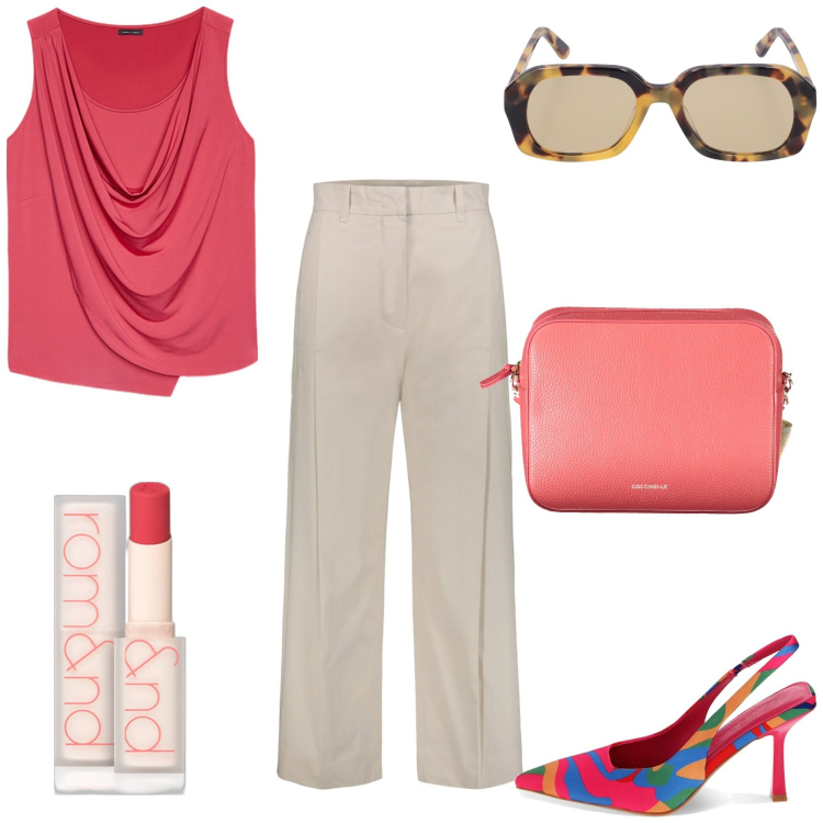 Outfit donna - Corallo. Stile Casual chic per Tutti i giorni. Abbinamento con rossetti, décolleté, pantaloni, top, borse a tracolla, occhiali da sole.