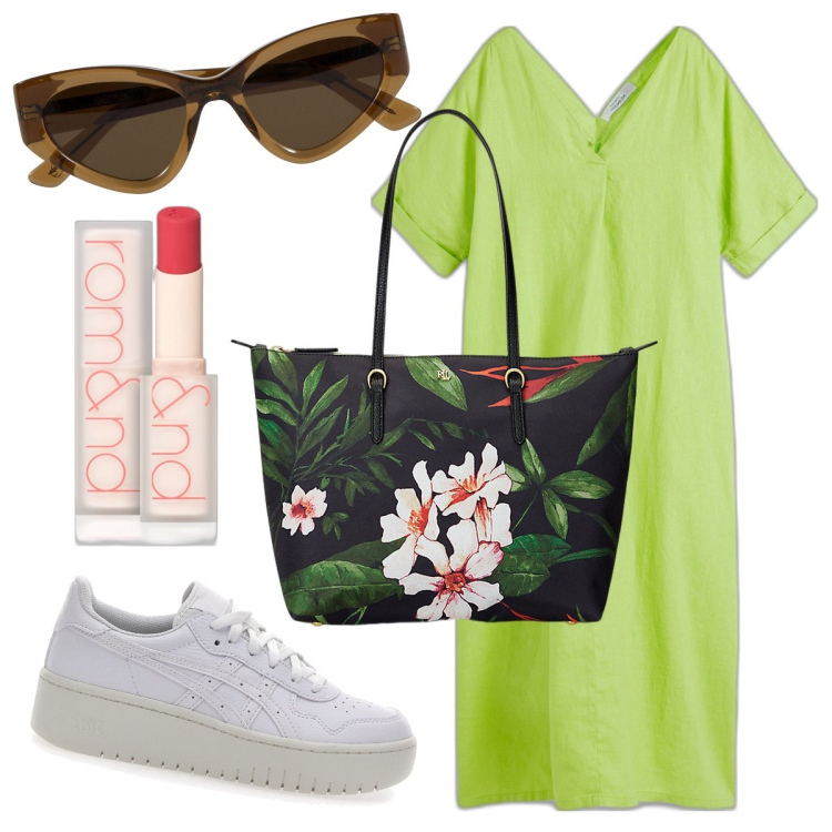 Outfit donna - Fantasiosa. Stile Casual per Tutti i giorni. Abbinamento con caftani, rossetti, borse tote, sneakers, occhiali da sole.