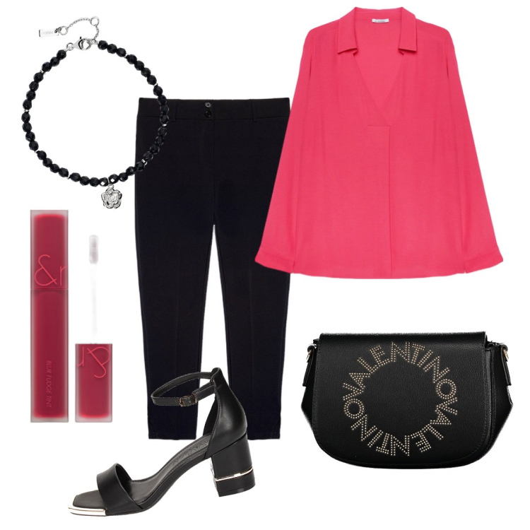Outfit donna - Sobria. Stile Chic per Ufficio. Abbinamento con rossetti, braccialetti, sandali col tacco, bluse, pantaloni, borse a spalla.