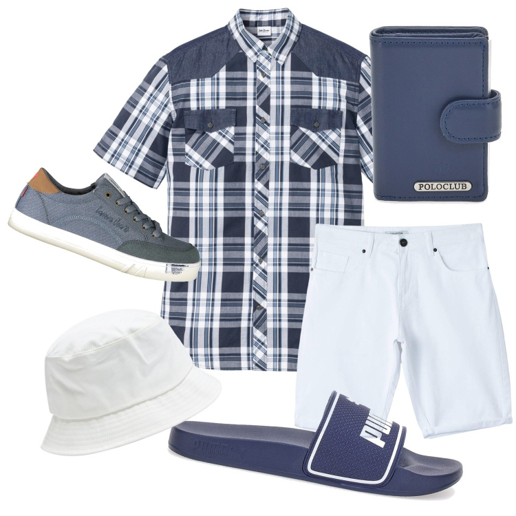 Outfit uomo - Gita in barca. Stile Casual per Mare. Abbinamento con camicie a manica corta, pantaloni, cappelli, portafogli, sneakers, costumi.