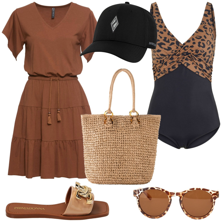 Outfit donna - Dettagli animalier. Stile Casual per Mare. Abbinamento con costumi interi, vestiti, shopping bag, ciabatte, occhiali da sole, berretti.