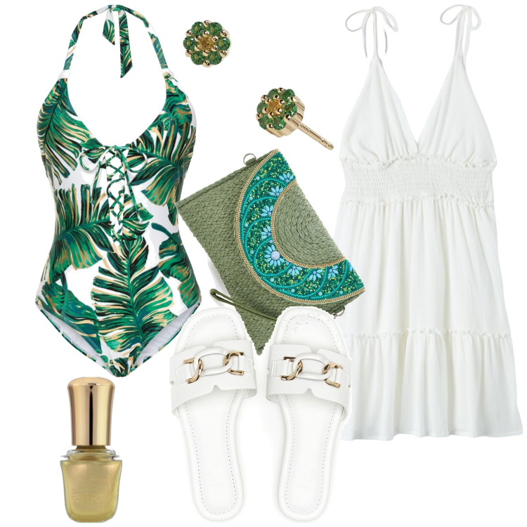 Outfit donna - Total look #1908140. Stile Casual per Tutti i giorni. Abbinamento con costumi interi, smalti, vestiti, orecchini, ciabatte, borse a tracolla.