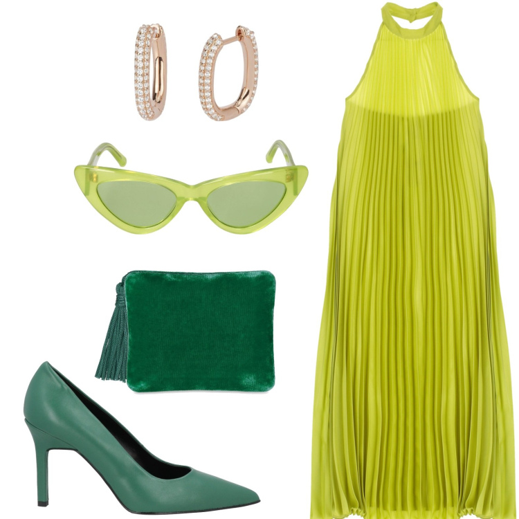 Outfit donna - Vestito lime per la sera. Stile Chic per Cerimonia. look ideale per Petite. Abbinamento con décolleté, orecchini, vestiti lunghi, occhiali da sole, pochette.