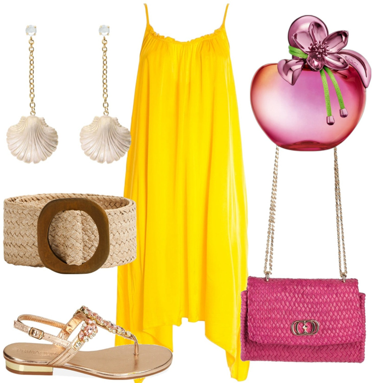 Outfit donna - Party in spiaggia. Stile Trendy per Serata fuori. Abbinamento con borse a mano, profumi, cinture, vestiti asimmetrici, ciabatte, orecchini.