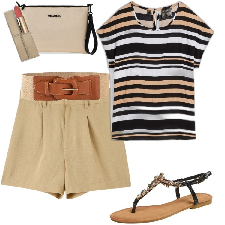 Outfit donna - Total look #1908145. Stile Casual per Tutti i giorni. Abbinamento con tuniche, cinture, rossetti, bermuda, sandali gioiello, valigie.